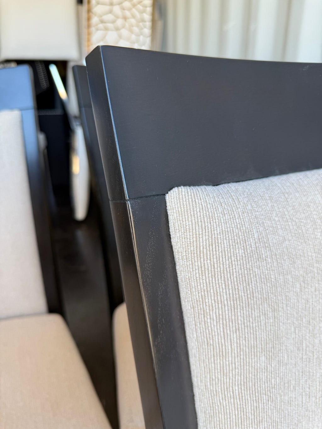 Set of 8 Beige Fabric Dining Chairs, Black Wood Frame