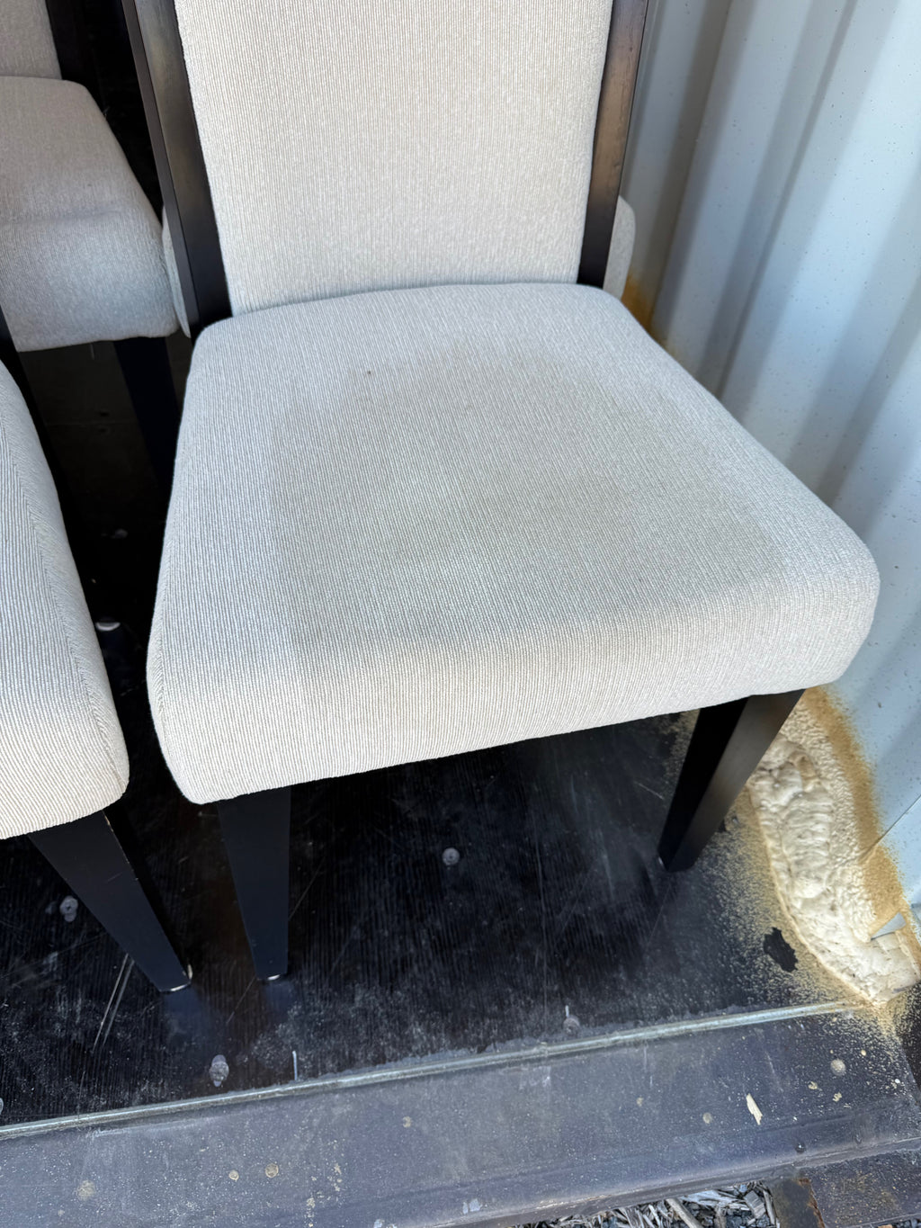 Set of 8 Beige Fabric Dining Chairs, Black Wood Frame