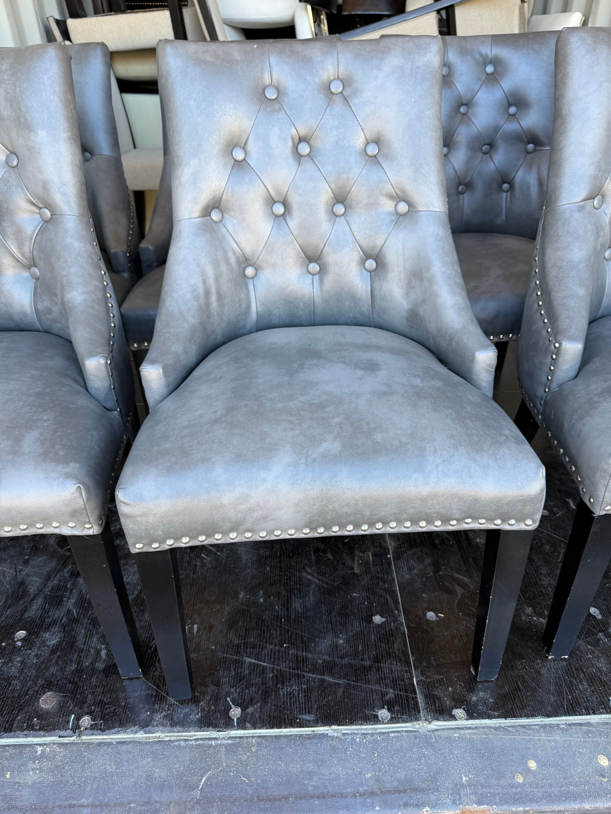 Set of 7 Grey Tufted Faux Leather Dining Chairs
