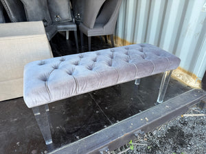 Grey Tufted Velvet Bench with Acrylic Feet