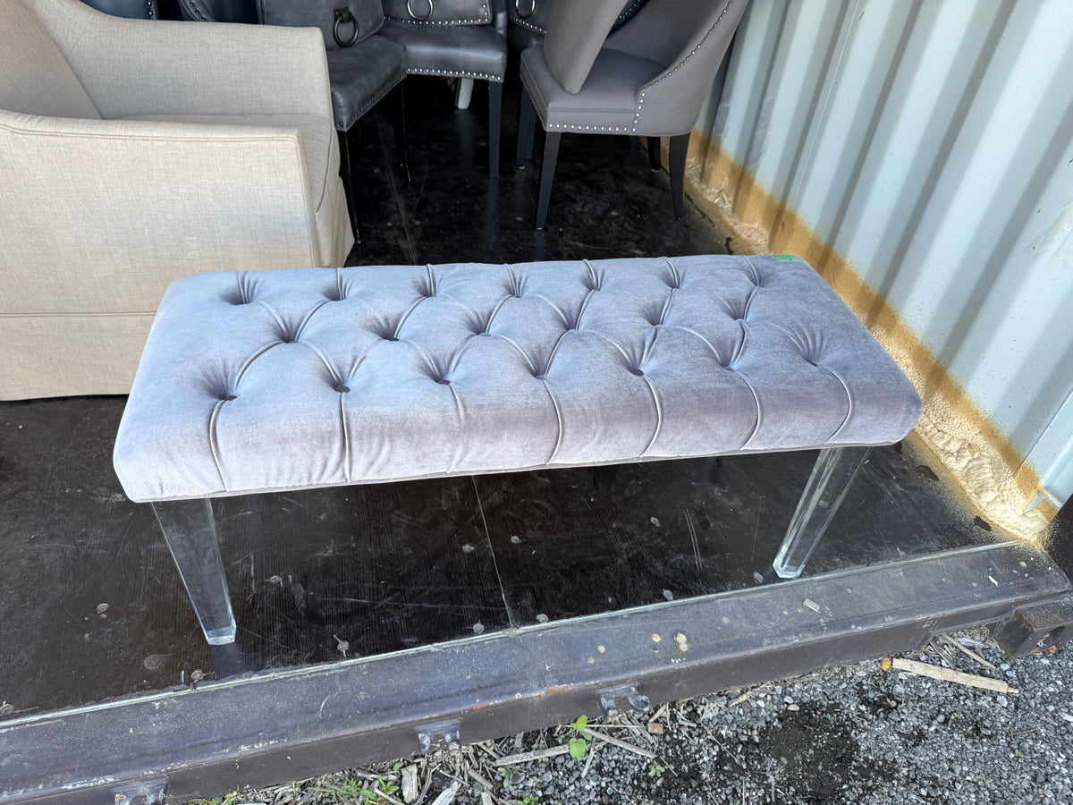 Grey Tufted Velvet Bench with Acrylic Feet