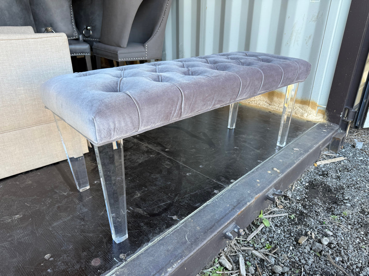 Grey Tufted Velvet Bench with Acrylic Feet