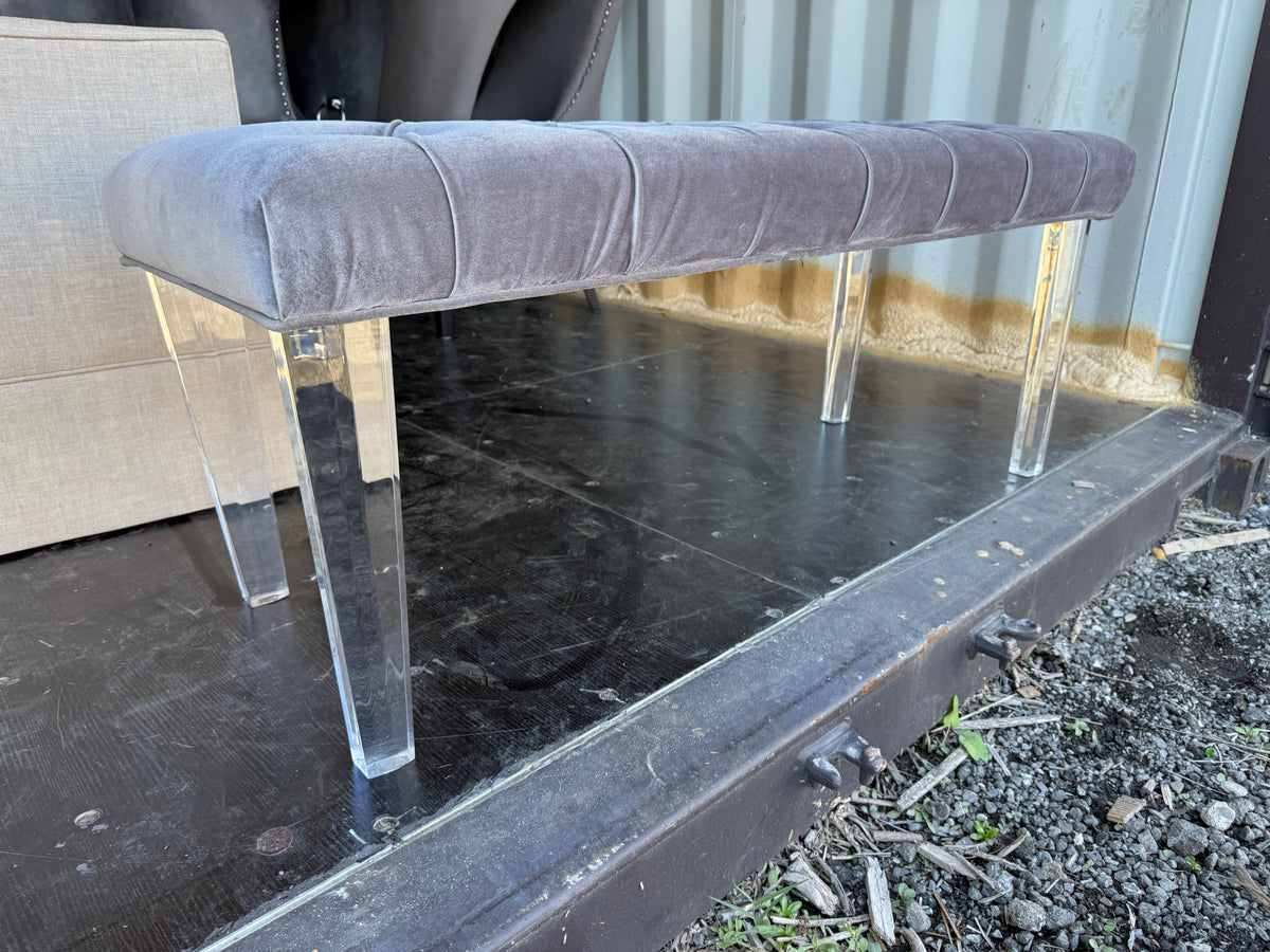 Grey Tufted Velvet Bench with Acrylic Feet