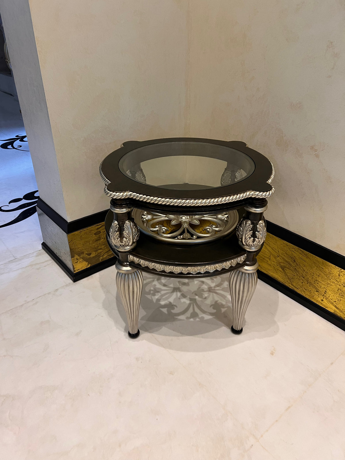 Pair of Martin Daniel Interiors 2 Tier Round Black/Silver Glass Side Tables