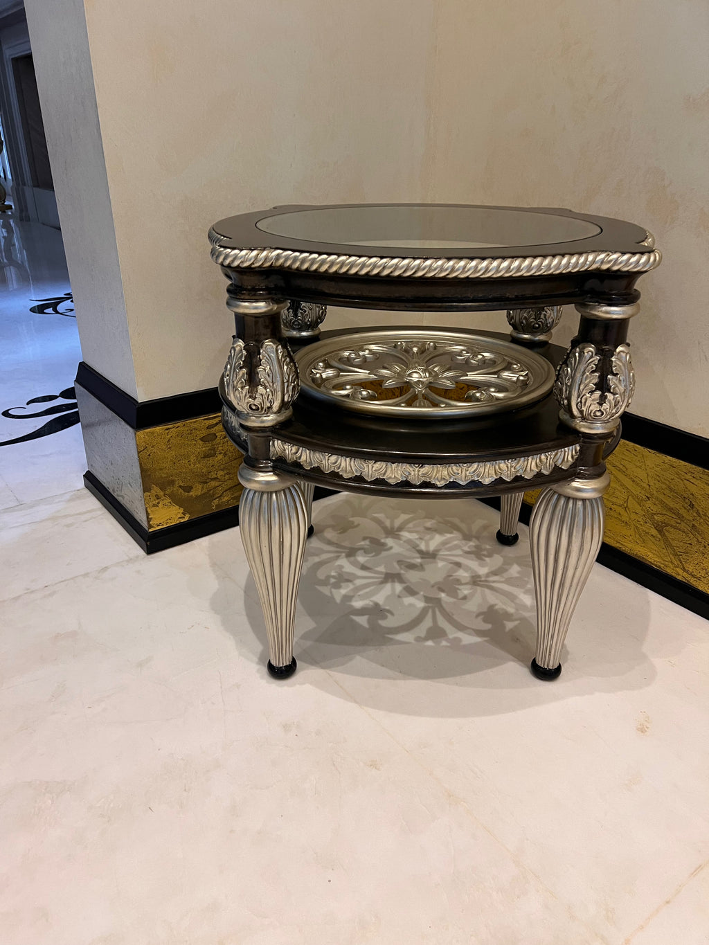 Pair of Martin Daniel Interiors 2 Tier Round Black/Silver Glass Side Tables