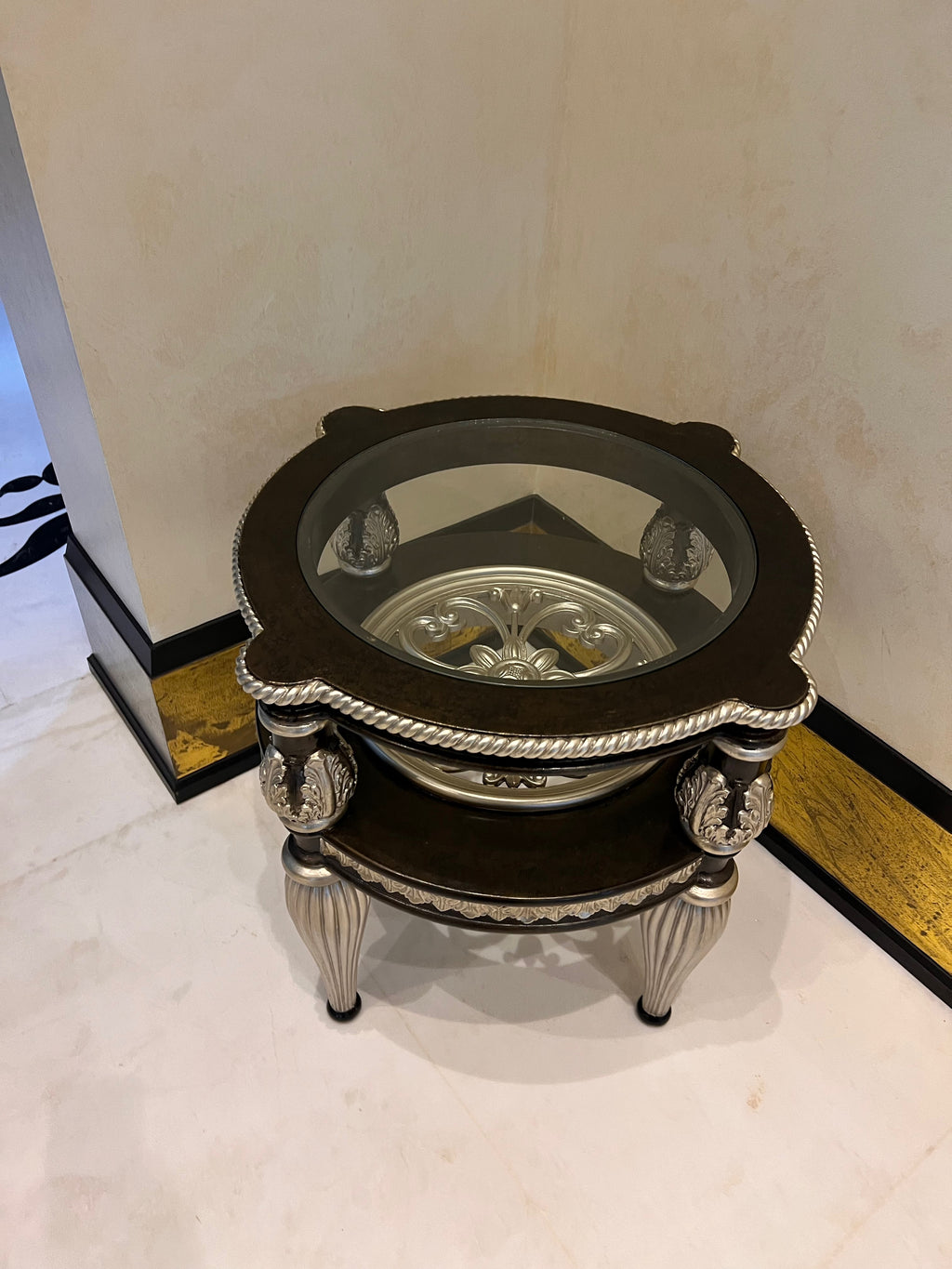 Pair of Martin Daniel Interiors 2 Tier Round Black/Silver Glass Side Tables