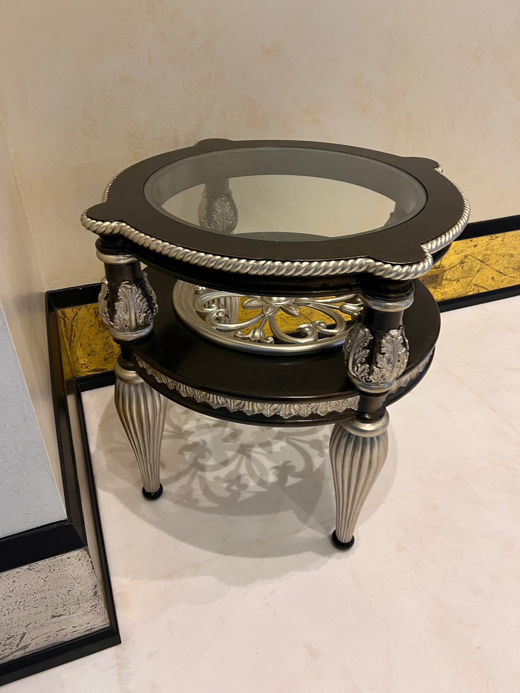 Pair of Martin Daniel Interiors 2 Tier Round Black/Silver Glass Side Tables