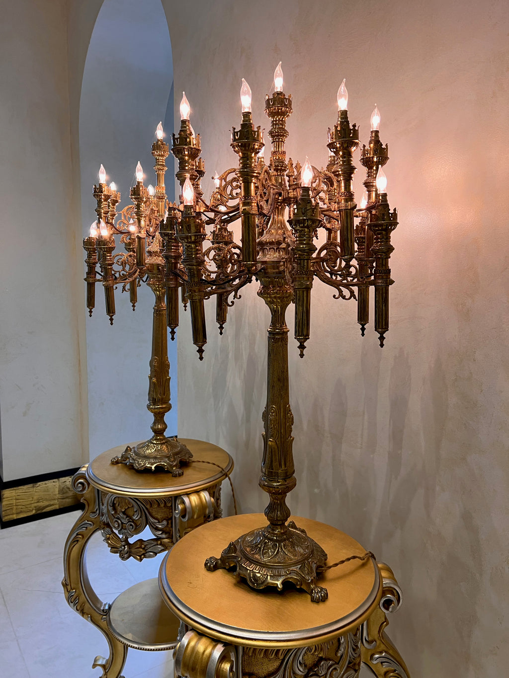 Pair of Monumental Antique Brass Candelabra Lamps- 3.5ft H