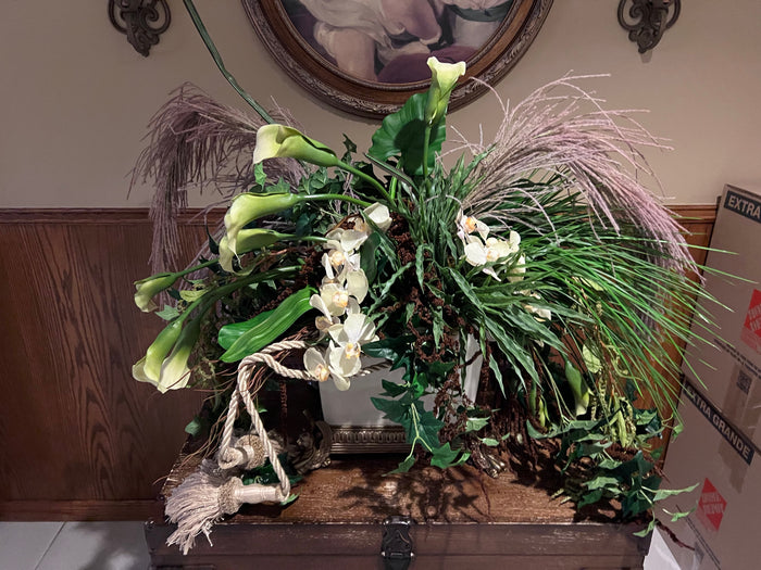 Faux Decorative Plant in White Ornate Ceramic Planter