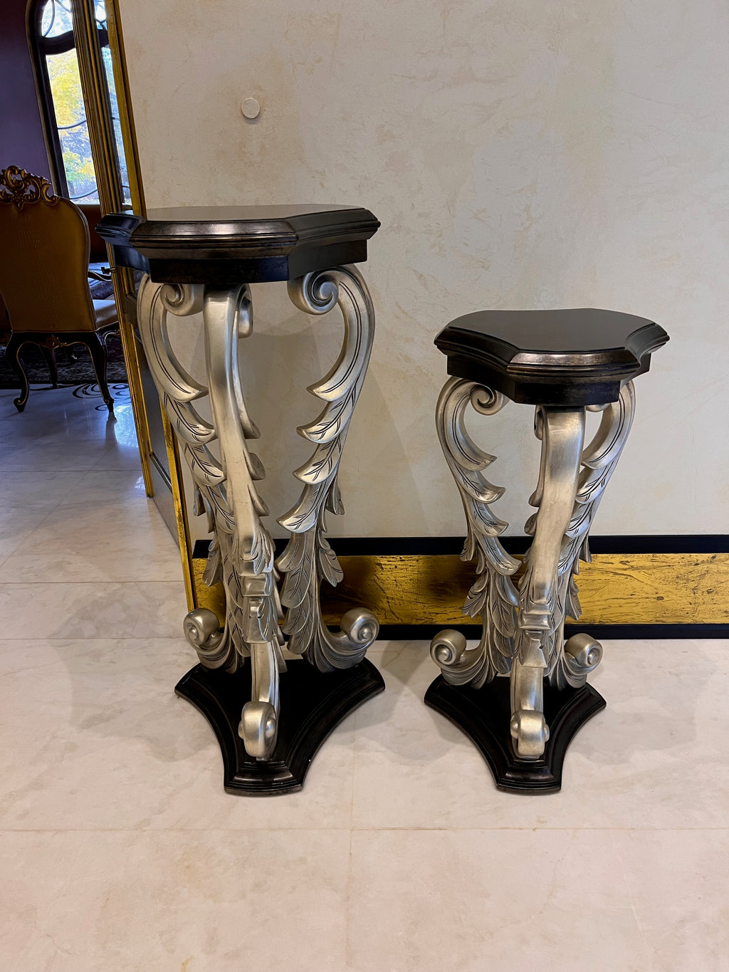 2 Black/Silver Pedestal Stands, Large & Small