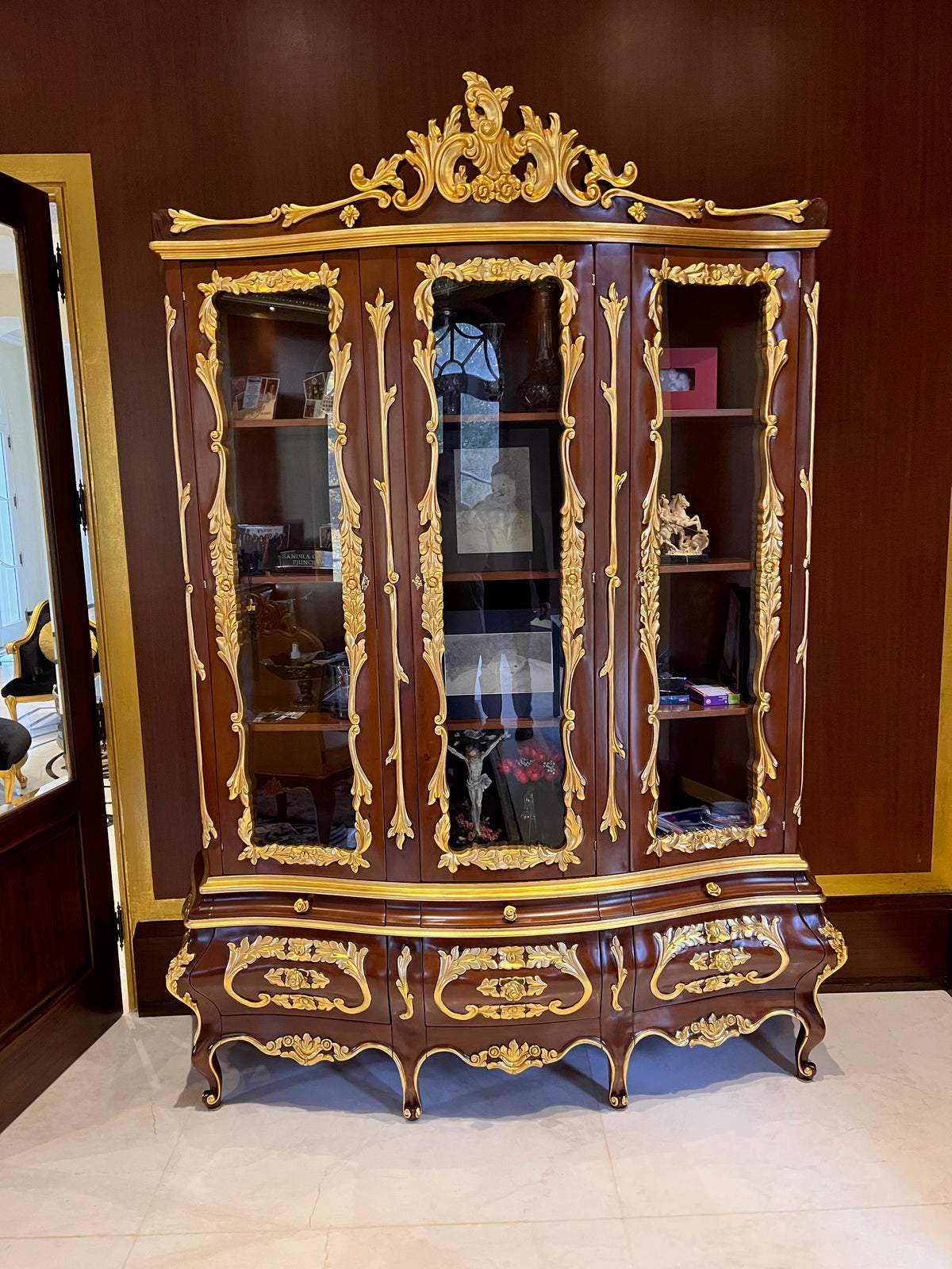 'Modenese Gastone Luxury Interiors' Baroque Display Cabinet, Walnut Finish with Gold Leaf Details, Made in Italy (*retail $25,000)