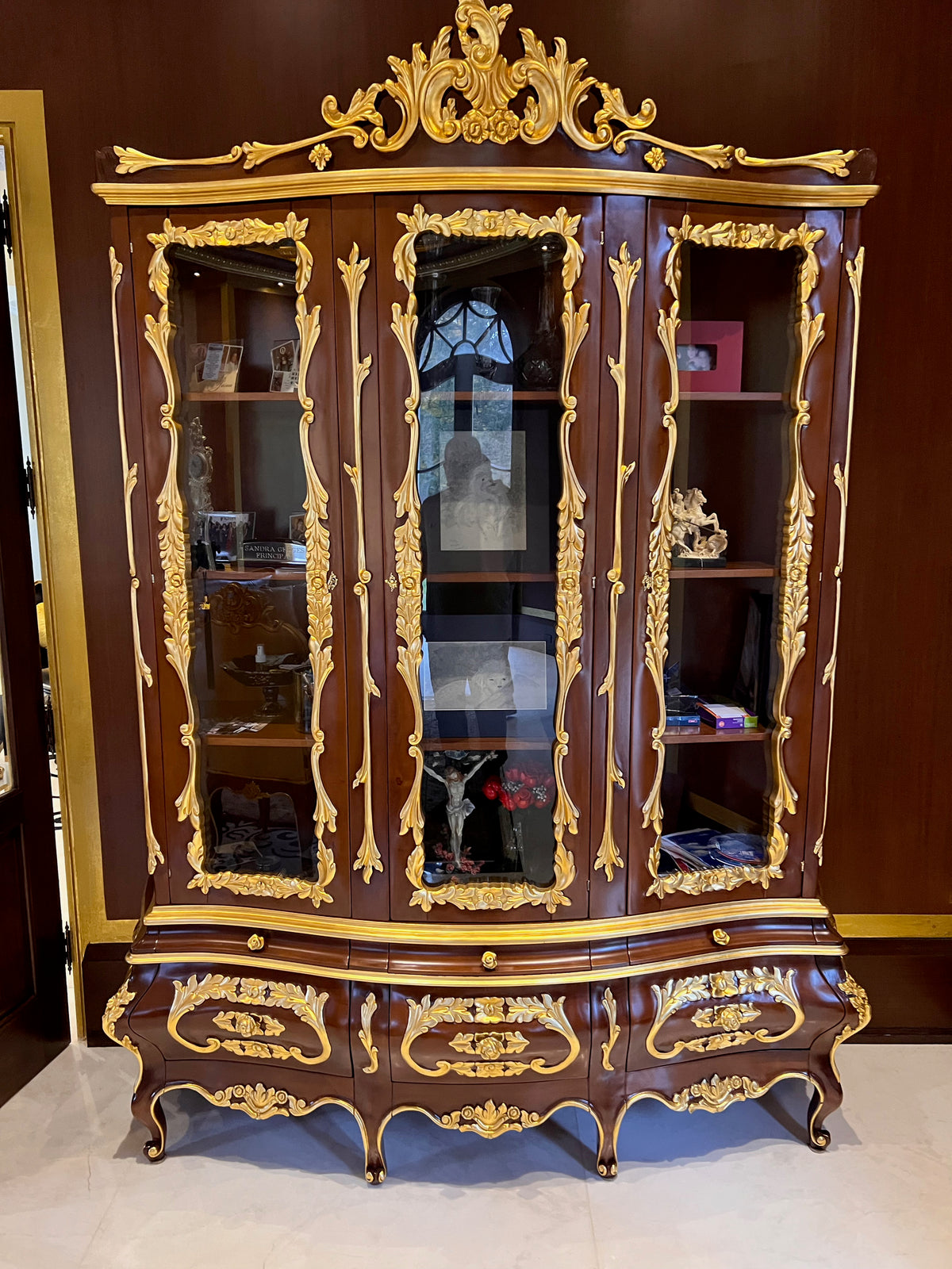 'Modenese Gastone Luxury Interiors' Baroque Display Cabinet, Walnut Finish with Gold Leaf Details, Made in Italy (*retail $25,000)