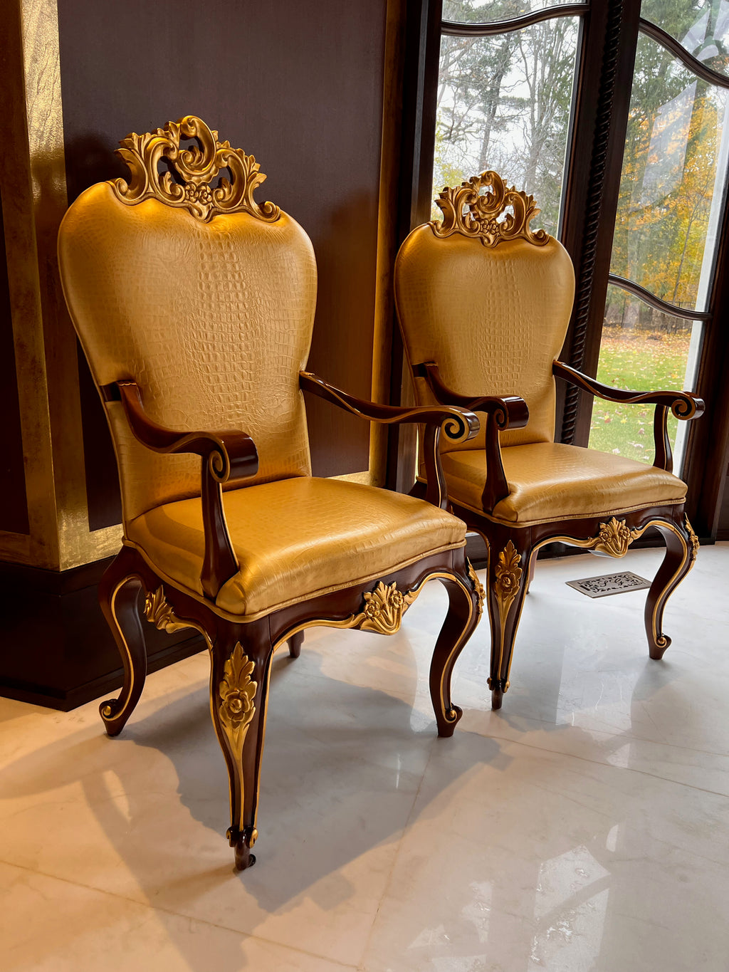 2 'Modenese Gastone Luxury Interiors' Baroque Leather Armchairs, Walnut Finish with Gold Leaf Details, Made in Italy (*retail $13,000)