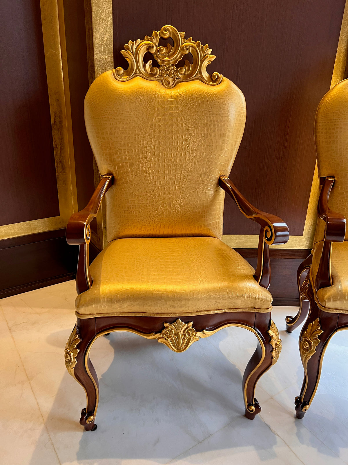 2 'Modenese Gastone Luxury Interiors' Baroque Leather Armchairs, Walnut Finish with Gold Leaf Details, Made in Italy (*retail $13,000)