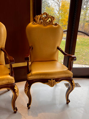 2 'Modenese Gastone Luxury Interiors' Baroque Leather Armchairs, Walnut Finish with Gold Leaf Details, Made in Italy (*retail $13,000)