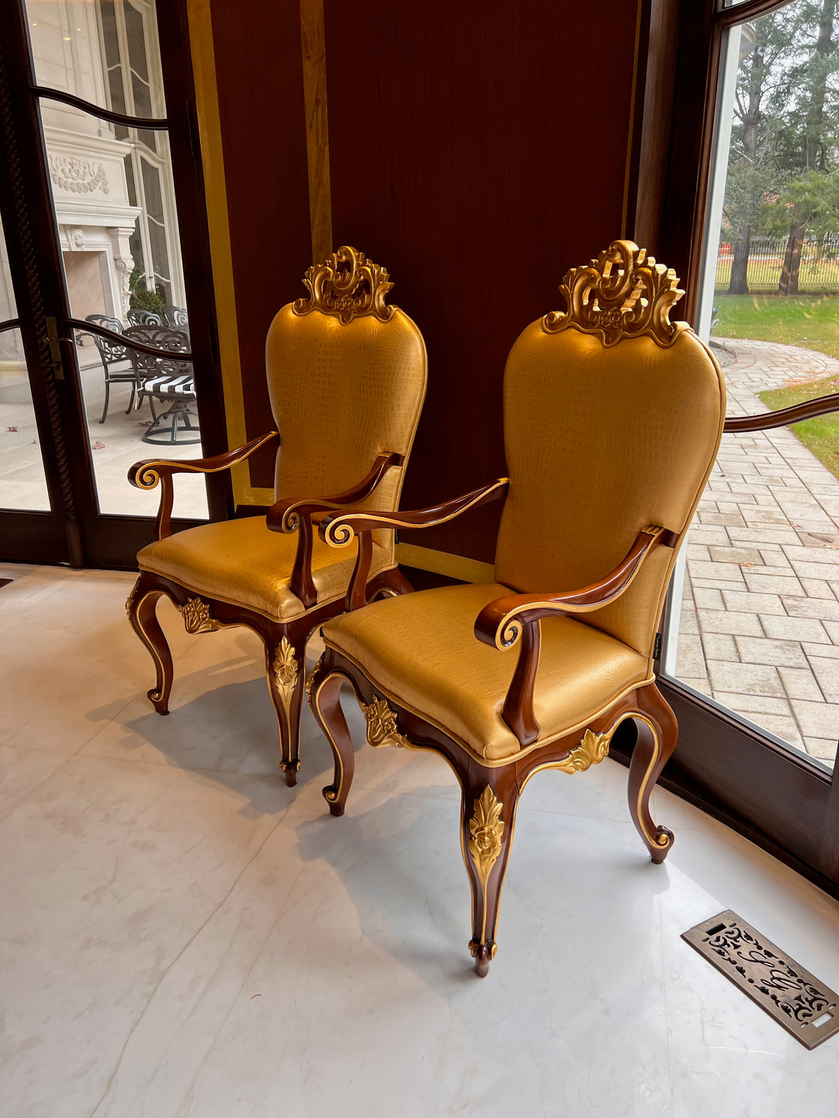 2 'Modenese Gastone Luxury Interiors' Baroque Leather Armchairs, Walnut Finish with Gold Leaf Details, Made in Italy (*retail $13,000)