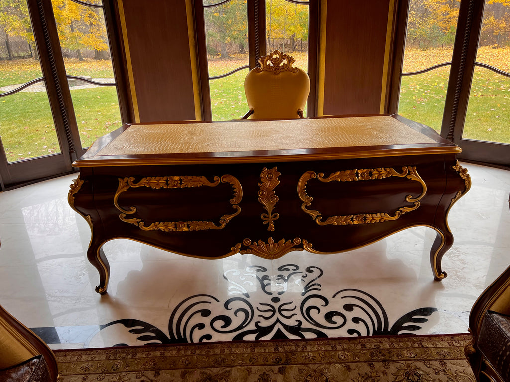 'Modenese Gastone Luxury Interiors' Baroque Desk 11302, Walnut Finish with Gold Leaf Details and Genuine Leather Top, Made in Italy (*retail $60,000)