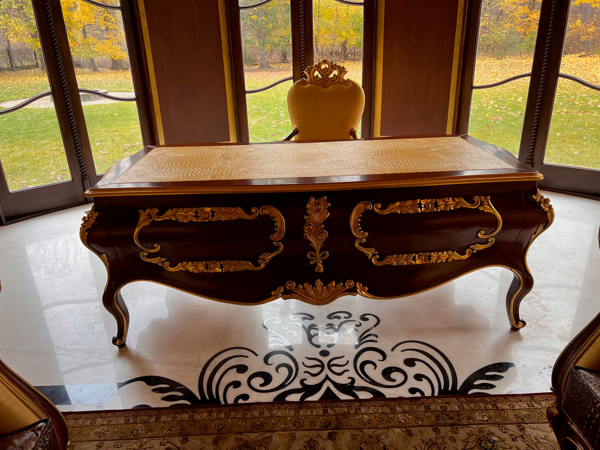 'Modenese Gastone Luxury Interiors' Baroque Desk 11302, Walnut Finish with Gold Leaf Details and Genuine Leather Top, Made in Italy (*retail $60,000)
