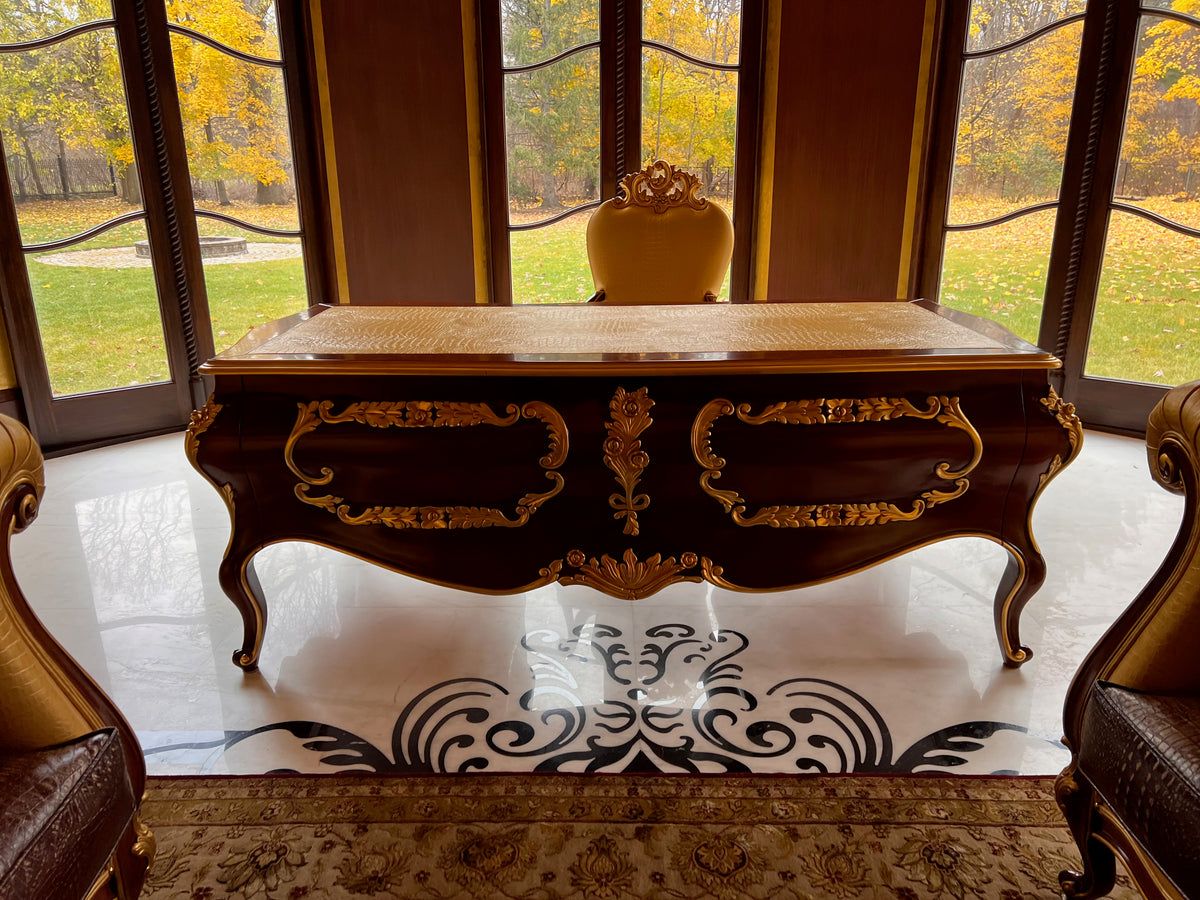 'Modenese Gastone Luxury Interiors' Baroque Desk 11302, Walnut Finish with Gold Leaf Details and Genuine Leather Top, Made in Italy (*retail $60,000)