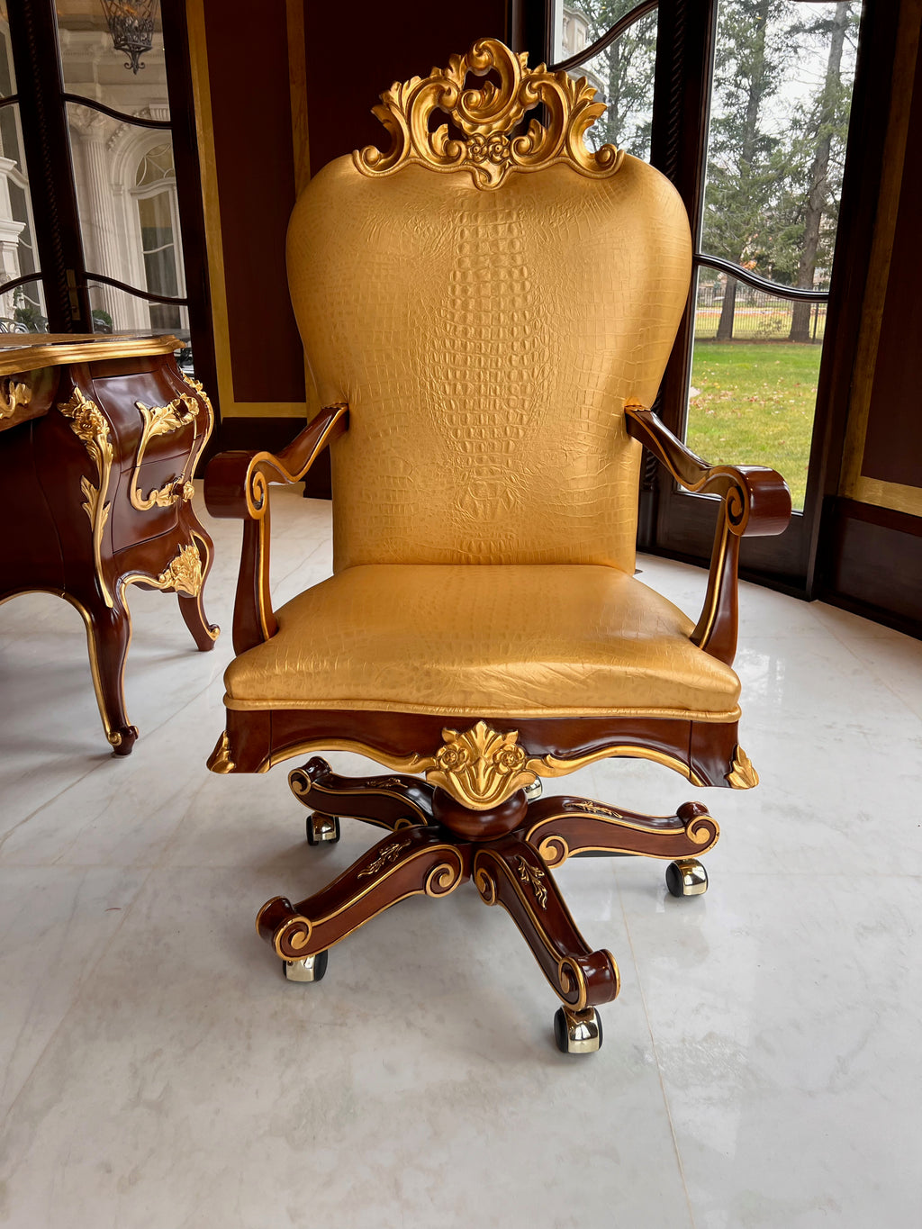 'Modenese Gastone Luxury Interiors' Baroque Leather Office Chair, Walnut Finish with Gold Leaf Details, Made in Italy (*retail $10,000)