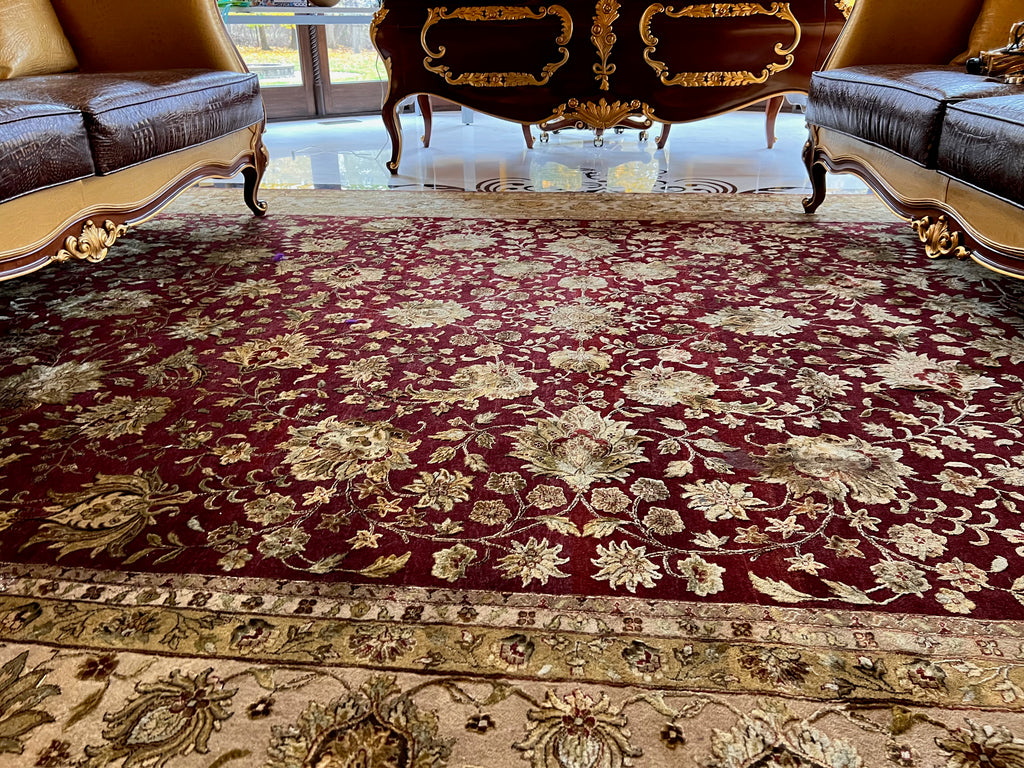 Indian Jaipur Red/Cream Wool Rug, with Artificial Silk Accents- 14.5ft x 9.95ft