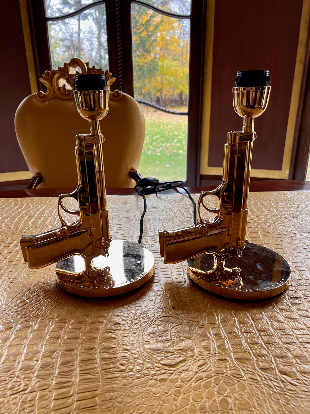 2 Flos 'Bedside Gun' Table Lamps in Gold by Philippe Starck, Made in Italy (*does not come with shades)