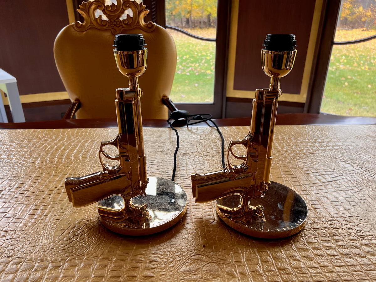 2 Flos 'Bedside Gun' Table Lamps in Gold by Philippe Starck, Made in Italy (*does not come with shades)
