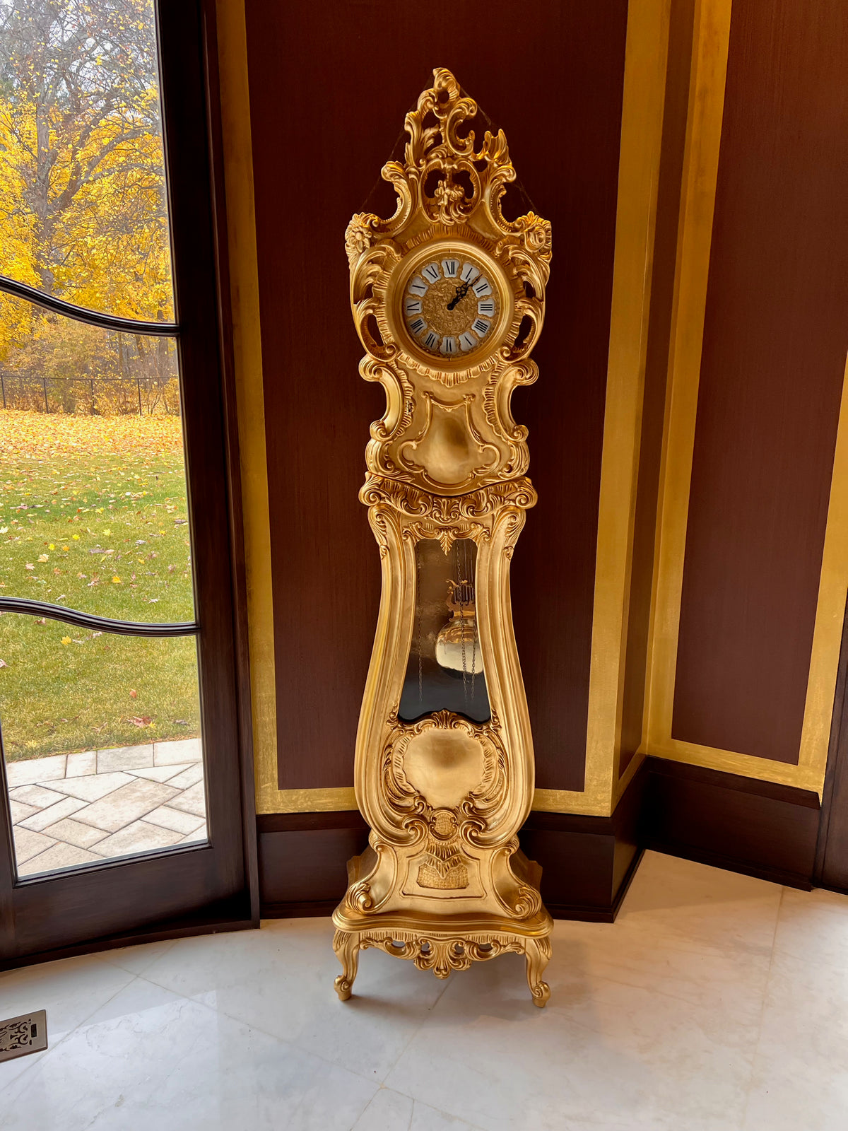 Modenese Gastone Gold Grandfather Clock, Wood with Gold Leaf Finishing, Made In Italy