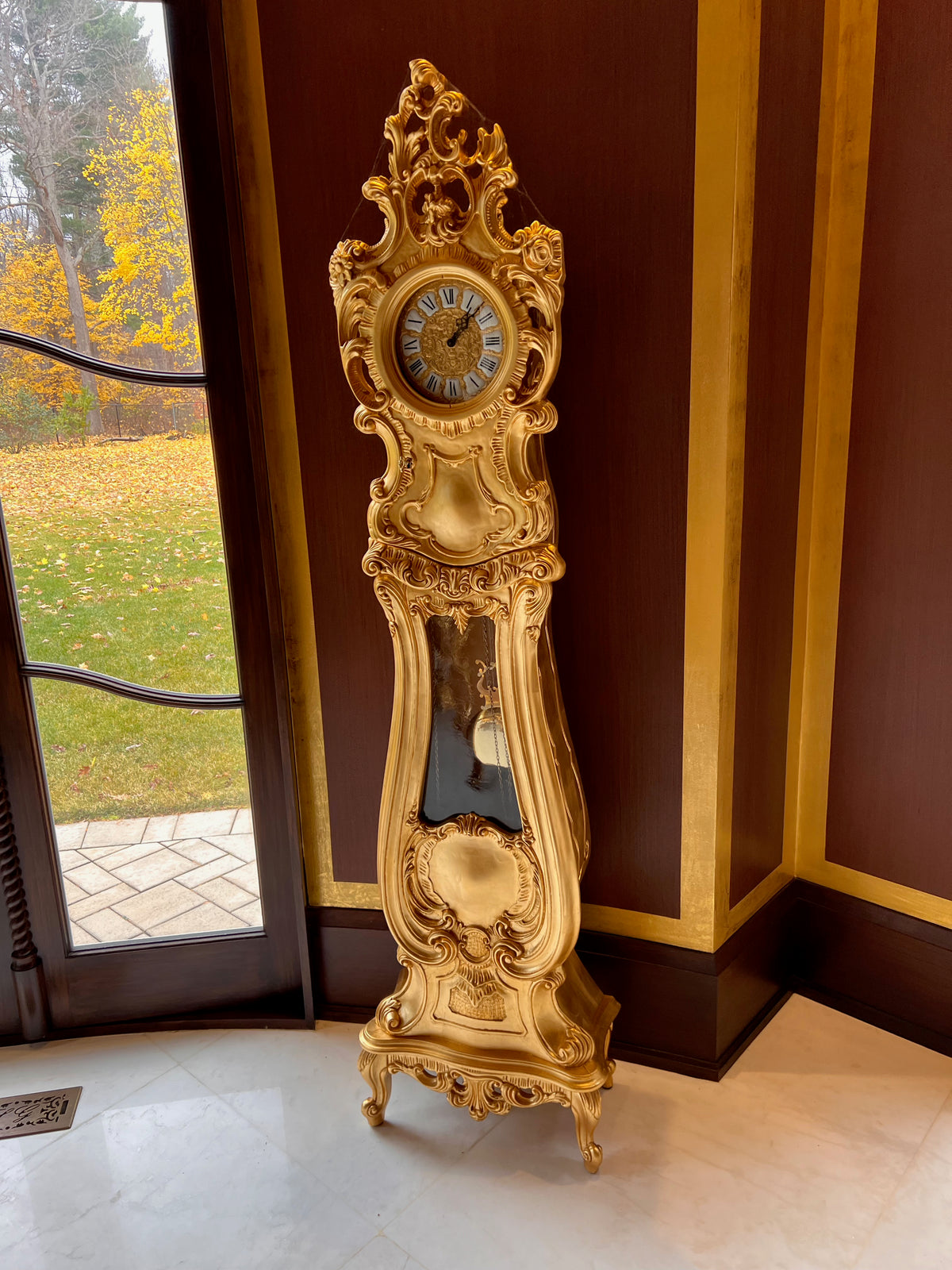 Modenese Gastone Gold Grandfather Clock, Wood with Gold Leaf Finishing, Made In Italy