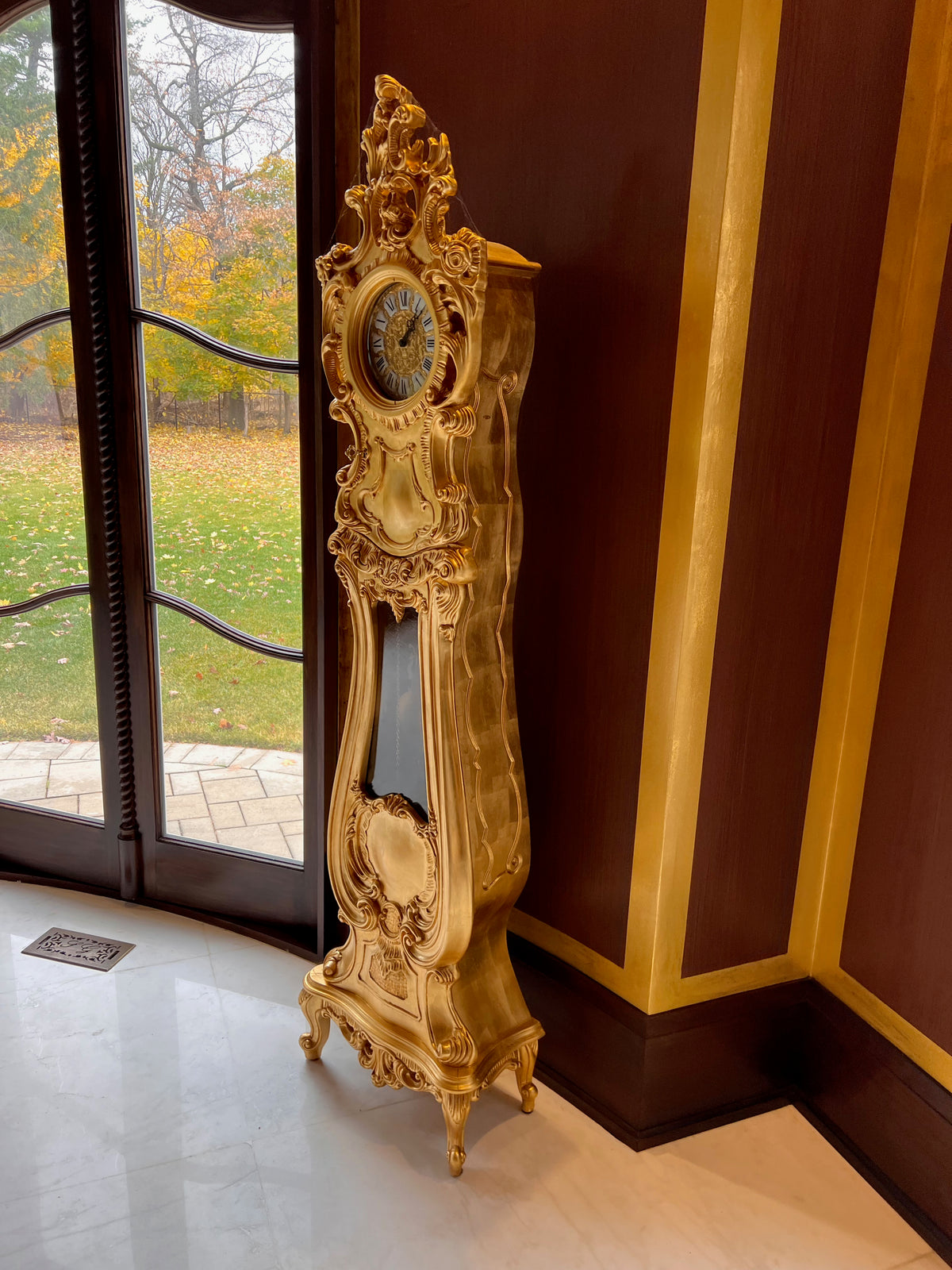 Modenese Gastone Gold Grandfather Clock, Wood with Gold Leaf Finishing, Made In Italy