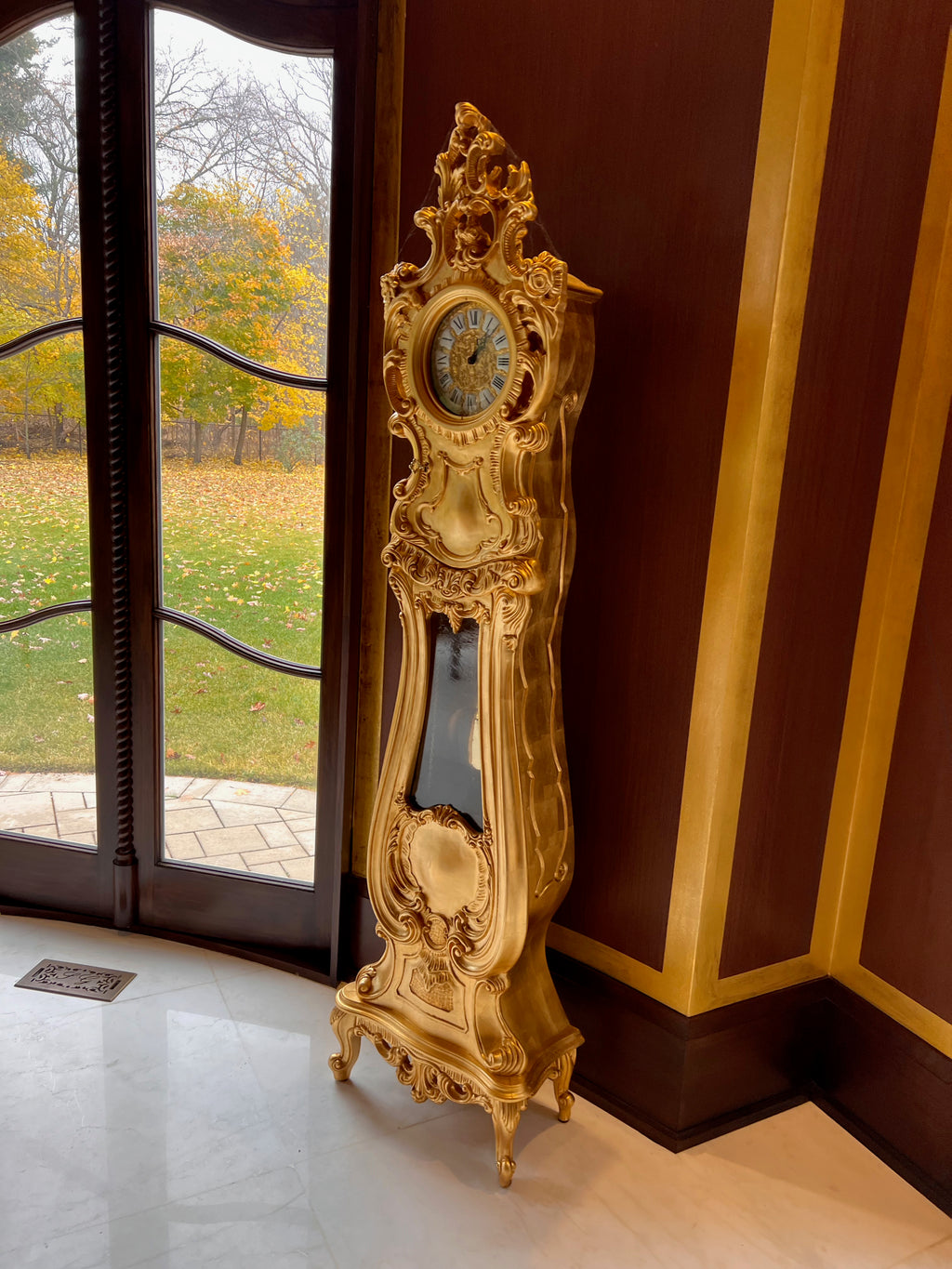 Modenese Gastone Gold Grandfather Clock, Wood with Gold Leaf Finishing, Made In Italy