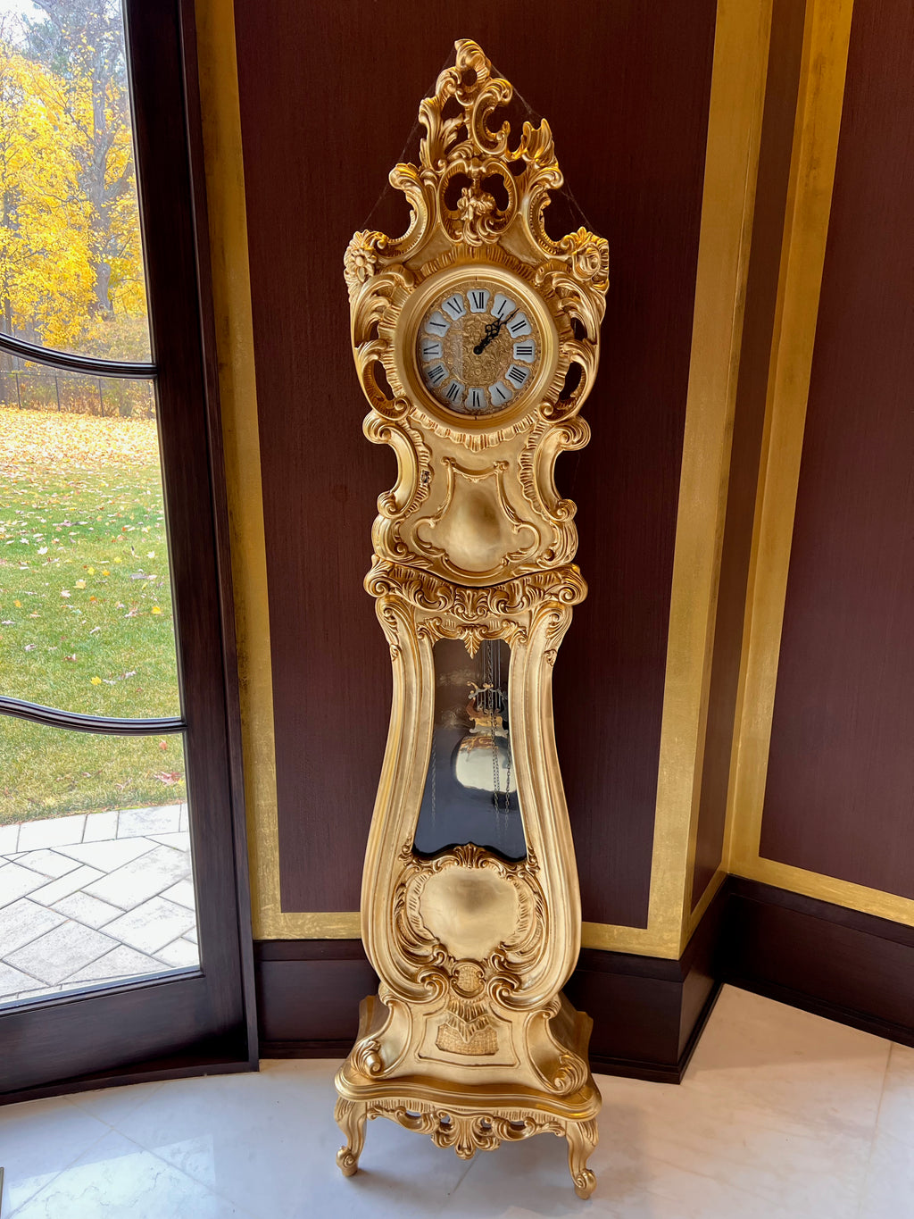 Modenese Gastone Gold Grandfather Clock, Wood with Gold Leaf Finishing, Made In Italy