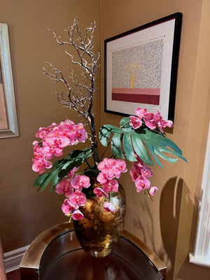 Ornate Glass Vase with Faux Floral Arranagement