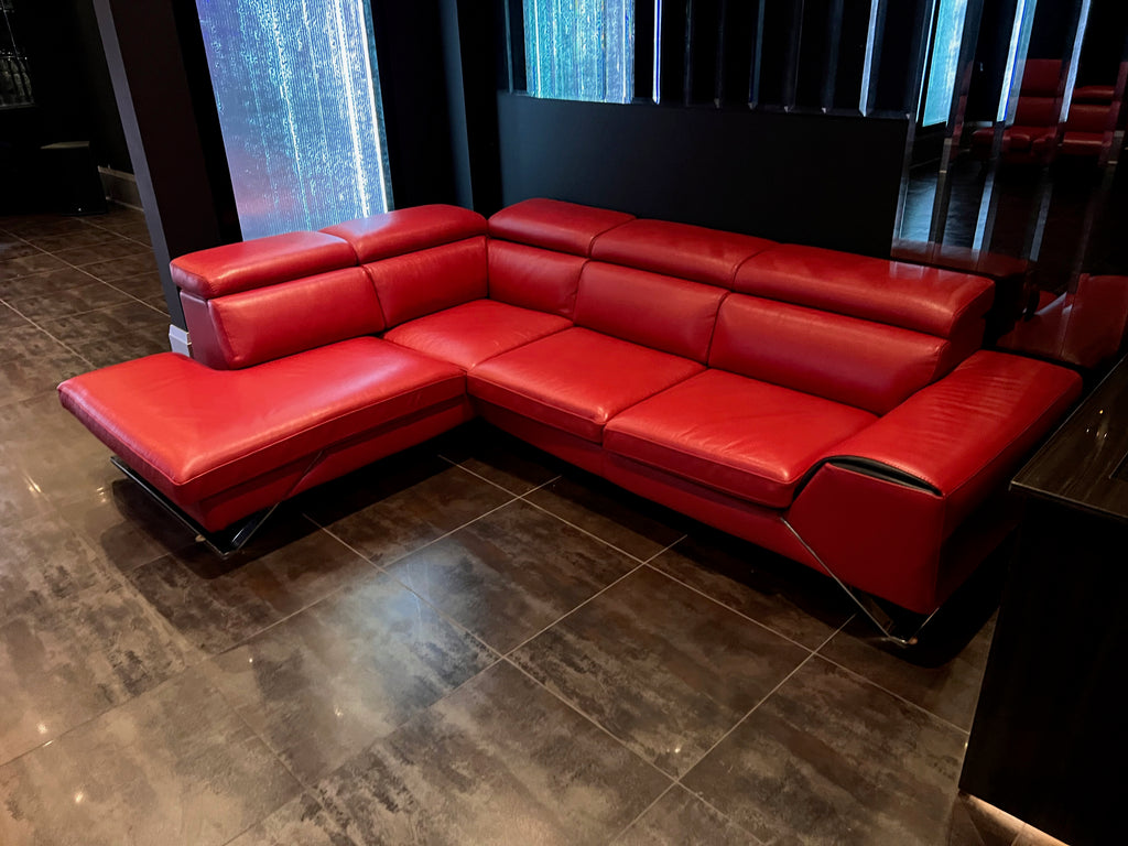 Red Leather Sectional Sofa, Left Facing