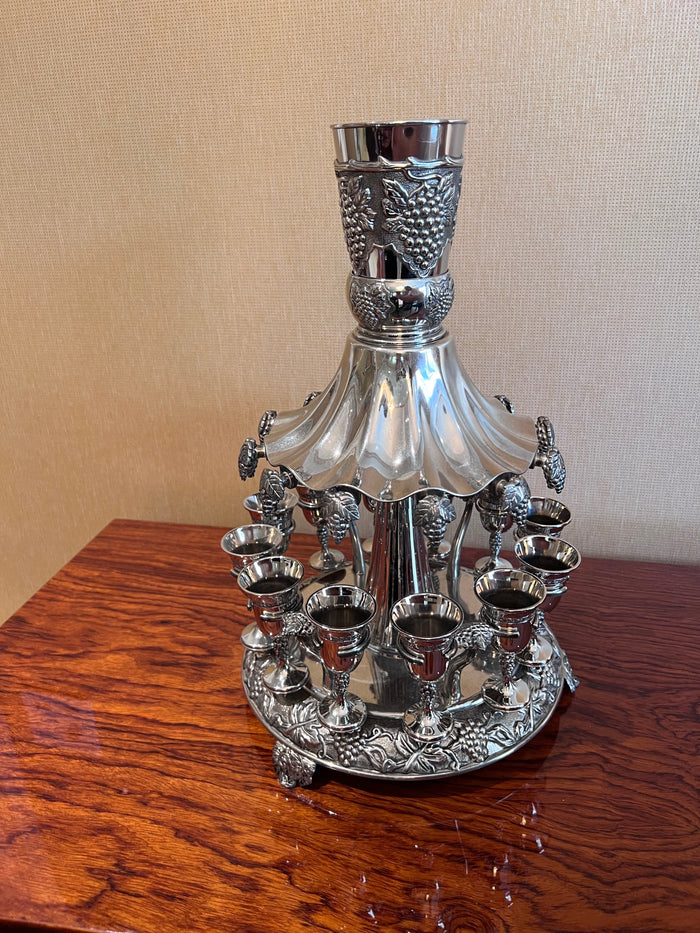 Silver Plated Kiddush Wine Fountain, with 12 cups
