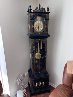 MCM Black Lacquered Chinoiserie Grandfather Clock
