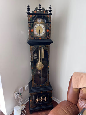 MCM Black Lacquered Chinoiserie Grandfather Clock