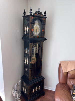 MCM Black Lacquered Chinoiserie Grandfather Clock