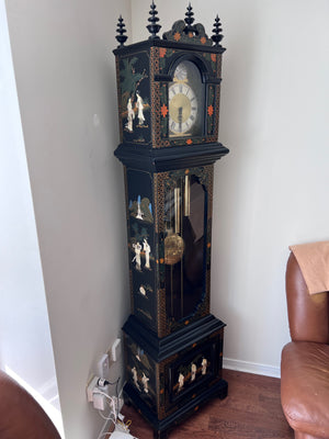 MCM Black Lacquered Chinoiserie Grandfather Clock