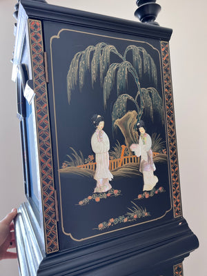 MCM Black Lacquered Chinoiserie Grandfather Clock