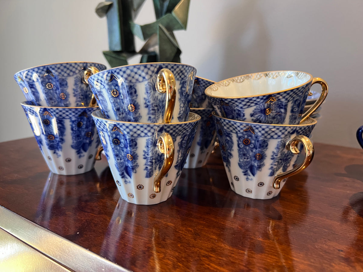 7 Vintage Imperial Lomonosov USSR "Radiant Basket" Cups & Saucers