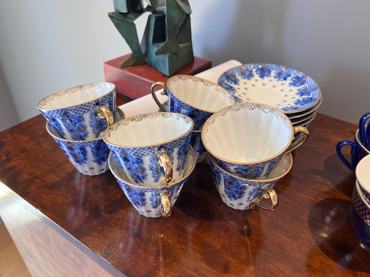 7 Vintage Imperial Lomonosov USSR "Radiant Basket" Cups & Saucers