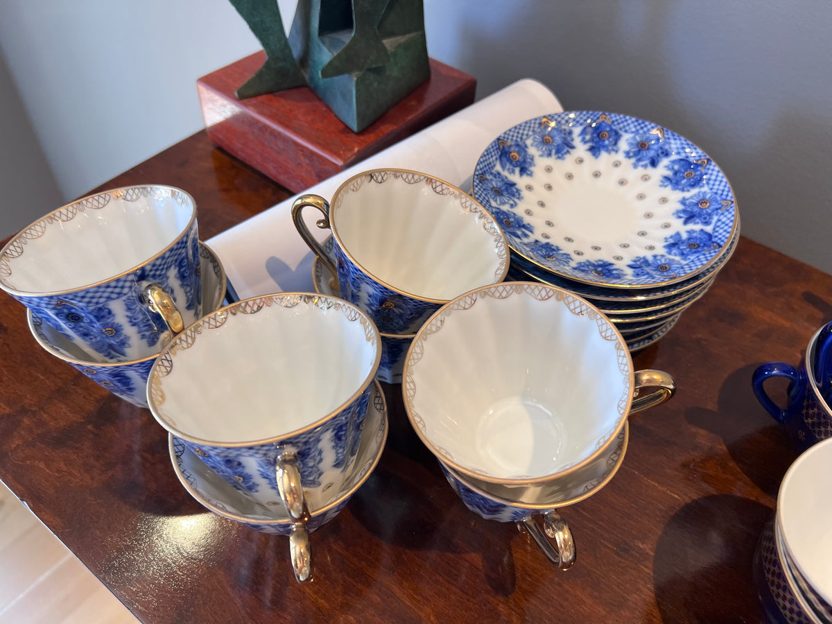 7 Vintage Imperial Lomonosov USSR "Radiant Basket" Cups & Saucers