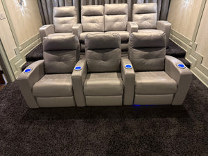 Elran Grey Leather Power Reclining 3-Seat Home Theatre Seating, with Blue LED Accent Lighting (*retail $3,800)