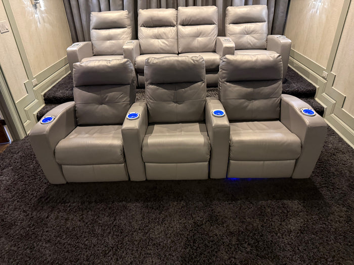 Elran Grey Leather Power Reclining 3-Seat Home Theatre Seating, with Blue LED Accent Lighting (*retail $3,800)