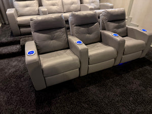 Elran Grey Leather Power Reclining 3-Seat Home Theatre Seating, with Blue LED Accent Lighting (*retail $3,800)