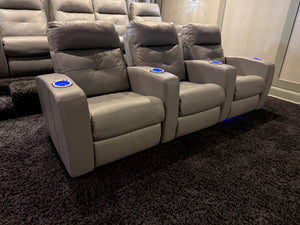 Elran Grey Leather Power Reclining 3-Seat Home Theatre Seating, with Blue LED Accent Lighting (*retail $3,800)