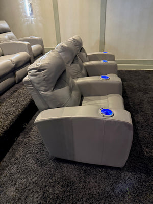 Elran Grey Leather Power Reclining 3-Seat Home Theatre Seating, with Blue LED Accent Lighting (*retail $3,800)