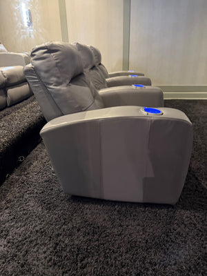 Elran Grey Leather Power Reclining 3-Seat Home Theatre Seating, with Blue LED Accent Lighting (*retail $3,800)