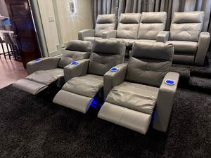 Elran Grey Leather Power Reclining 3-Seat Home Theatre Seating, with Blue LED Accent Lighting (*retail $3,800)